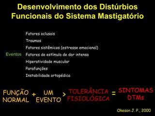 Desenvolvimento dos Distúrbios
  Funcionais do Sistema Mastigatório

          Fatores oclusais
          Traumas
          Fatores sistêmicos (estresse emocional)
Eventos   Fatores de estímulo de dor intensa
          Hiperatividade muscular
          Parafunções
          Instabilidade ortopédica



                                                        SINTOMAS
FUNÇÃO       +  UM     TOLERÂNCIA
                     > FISIOLÓGICA                  =     DTMs
NORMAL        EVENTO
                                                        Okeson J. P., 2000
 