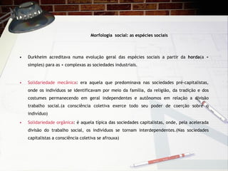 Morfologia  social: as esp écies sociais Durkheim acreditava numa evoluç ão geral das espécies sociais a partir da  horda (a + simples) para as + complexas as sociedades industriais. Solidariedade mecânica : era aquela que predominava nas sociedades pré-capitalistas, onde os indivíduos se identificavam por meio da família, da religião, da tradição e dos costumes permanecendo em geral independentes e autônomos em relação a divisão trabalho social.(a consciência coletiva exerce todo seu poder de coerção sobre o indivíduo) Solidariedade orgânica : é aquela típica das sociedades capitalistas, onde, pela acelerada divisão do trabalho social, os indivíduos se tornam interdependentes.(Nas sociedades capitalistas a consciência coletiva se afrouxa) 