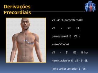 Derivações
Precordiais
V1 - 4º EI, paraesternal D
V2 - 4º EI,
paraesternal E V3 -
entre V2 e V4
V4 - 5º EI, linha
hemiclavicular E V5 - 5º EI,
linha axilar anterior E V6 -
 