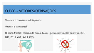 O ECG – VETORES/DERIVAÇÕES
Veremos o coração em dois planos:
-Frontal e transversal
O plano frontal : coração de cima a baixo – gera as derivações periféricas (D1,
D11, D111, AVR, AVL E AVF)
 