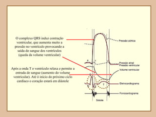 O complexo QRS induz contração
ventricular, que aumenta muito a
pressão no ventrículo provocando a
saída do sangue dos ventrículos
(queda da volume ventricular)
Após a onda T o ventrículo relaxa e permite a
entrada de sangue (aumento do volume
ventricular). Até ó início do próximo ciclo
cardíaco o coração estará em diástole
 