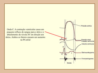 Onda C: A contração ventricular causa um
pequeno refluxo de sangue para o átrio e o
abaulamento da vávula AV em direção aos
átrios. Ambos os fatores causam um aumento
na PA atrial
 