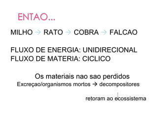 MILHO  RATO  COBRA  FALCAO

FLUXO DE ENERGIA: UNIDIRECIONAL
FLUXO DE MATERIA: CICLICO

       Os materiais nao sao perdidos
 Excreçao/organismos mortos  decompositores

                         retoram ao ecossistema
 