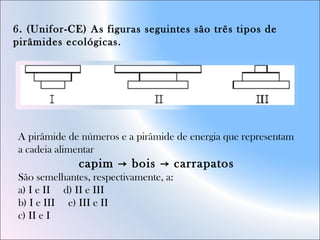 6. (Unifor-CE) As figuras seguintes são três tipos de
pirâmides ecológicas.
A pirâmide de números e a pirâmide de energia que representam
a cadeia alimentar
capim bois carrapatos→ →
São semelhantes, respectivamente, a:
a) I e II d) II e III
b) I e III e) III e II
c) II e I
 