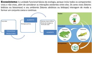 Ecossistema é a unidade funcional básica da ecologia, porque inclui todos os componentes
vivos e não vivos, além de considerar as interações existentes entre eles. Os seres vivos (fatores
bióticos ou biocenose) e seu ambiente (fatores abióticos ou biótopo) interagem de modo a
formar um conjunto coeso e contínuo.
•Luz solar
Fotossíntese
PRODUTORES
•Energia química
ALIMENTO
•Demais níveis tróficos
•Perda de energia na
forma de calor
ALIMENTO
 