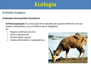 5) Relações Ecológicas
a) Relações Interespecíficas Harmônicas
II) Protocooperação: É a associação entre indivíduos de espécies diferentes em que
ambos se beneficiam, mas a existência não é obrigatória.
Ex:
o Paguro e anêmonas do mar
o Cervo e pássaro anu
o Pássaro palito e jacaré
o Insetos polinizadores e angiospermas
Ecologia
 
