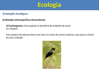 5) Relações Ecológicas
b) Relações Interespecíficas desarmônicas
V) Esclavagismo: Uma espécie se beneficia do trabalho de outra.
Ex: Chupim.
Essa espécie de pássaro bota seus ovos no ninho de outras espécies, que passa a chocá-
los até a eclosão.
Ecologia
 