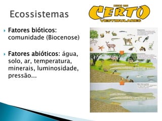    Fatores bióticos:
    comunidade (Biocenose)

   Fatores abióticos: água,
    solo, ar, temperatura,
    minerais, luminosidade,
    pressão...
 