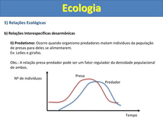 5) Relações Ecológicas
b) Relações Interespecíficas desarmônicas
II) Predatismo: Ocorre quando organismo predadores matam indivíduos da população
de presas para deles se alimentarem.
Ex: Leões e girafas.
Obs.: A relação presa-predador pode ser um fator regulador da densidade populacional
de ambos.
Ecologia
Presa
Predador
Nº de indivíduos
Tempo
 