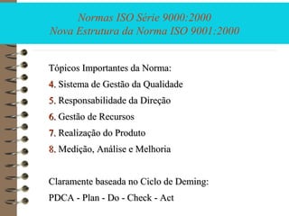 Normas ISO Série 9000:2000
Nova Estrutura da Norma ISO 9001:2000
Tópicos Importantes da Norma:Tópicos Importantes da Norma:
4.4. Sistema de Gestão da QualidadeSistema de Gestão da Qualidade
5.5. Responsabilidade da DireçãoResponsabilidade da Direção
6.6. Gestão de RecursosGestão de Recursos
7.7. Realização do ProdutoRealização do Produto
8.8. Medição, Análise e MelhoriaMedição, Análise e Melhoria
Claramente baseada no Ciclo de Deming:Claramente baseada no Ciclo de Deming:
PDCA - Plan - Do - Check - ActPDCA - Plan - Do - Check - Act
 