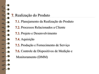 7.7. Realização do ProdutoRealização do Produto
7.1.7.1. Planejamento da Realização do ProdutoPlanejamento da Realização do Produto
7.2.7.2. Processos Relacionados a ClienteProcessos Relacionados a Cliente
7.3.7.3. Projeto e DesenvolvimentoProjeto e Desenvolvimento
7.4.7.4. AquisiçãoAquisição
7.5.7.5. Produção e Fornecimento de ServiçoProdução e Fornecimento de Serviço
7.6.7.6. Controle de Dispositivos de Medição eControle de Dispositivos de Medição e
Monitoramento (DMM)Monitoramento (DMM)
 