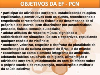 • participar de atividades corporais, estabelecendo relações
equilibradas e construtivas com os outros, reconhecendo e
respeitando características físicas e de desempenho de si
próprio e dos outros, sem discriminar por características
pessoais, físicas, sexuais ou sociais;
• adotar atitudes de respeito mútuo, dignidade e
solidariedade em situações lúdicas e esportivas, repudiando
qualquer espécie de violência;
• conhecer, valorizar, respeitar e desfrutar da pluralidade de
manifestações de cultura corporal do Brasil e do mundo;
• reconhecer-se como elemento integrante do ambiente,
adotando hábitos saudáveis de higiene, alimentação e
atividades corporais, relacionando-os com os efeitos sobre
a própria saúde e de recuperação, manutenção e melhoria
da saúde coletiva;
 