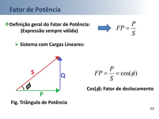 Fator de Potência
12
Definição geral do Fator de Potência:
(Expressão sempre válida)
S
P
FP 
 Sistema com Cargas Lineares:
)cos(
S
P
FP
Cos(): Fator de deslocamento
Fig. Triângulo de Potência
 