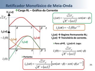 Retificador Monofásico de Meia-Onda
21
Carga RL – Gráfico da CorrenteVO(t)
IO(t)
efV.2
)0(1I
t
t



IO(t)
I1(t)
I2(t)
)0(1I
 
)(
.
.2
)(
22
1 

 

 tsen
LR
V
ti
ef

 t
eIti 
 ).0()( 12
Para t=0, IO(t)=0. Logo:
 
)(
.
.2
)0(
22
1 



 sen
LR
V
I
ef
Portanto:
 
 


 tef
O esentsen
LR
V
ti 


 ).()(
.
.2
)(
22
I1(t)  Regime Permanente RL;
I2(t)  Transitório de corrente.
 