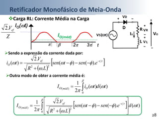 Retificador Monofásico de Meia-Onda
28
Carga RL: Corrente Média na Carga
Outra modo de obter a corrente média é:
IO(t)
Z
Vef.2
t 2 3
IO(méd)
 
 


 tef
O esentsen
LR
V
ti 


 ).()(
.
.2
)(
22
Sendo a expressão da corrente dada por:
 
  









 



 0
22
)(
)().()(
.
.2
2
1
tdesentsen
LR
V
I tef
médO
)()(
2
1
0
)(
tdtiI OmédO 



 