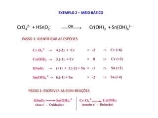 EXEMPLO 2 – MEIO BÁSICO


CrO42- + HSnO2-             OH-      Cr(OH)3 + Sn(OH)62-

  PASSO 1: IDENTIFICAR AS ESPÉCIES




     PASSO 2: ESCREVER AS SEMI-REAÇÕES
 