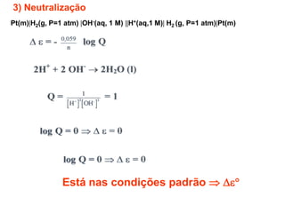 3) Neutralização
Pt(m)H2(g, P=1 atm) OH-(aq, 1 M) H+(aq,1 M) H2 (g, P=1 atm)Pt(m)




                Está nas condições padrão  
 