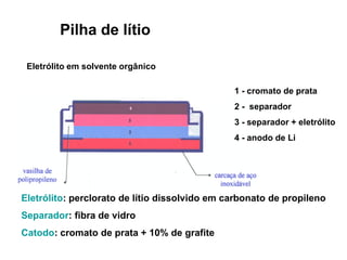 Pilha de lítio

 Eletrólito em solvente orgânico

                                               1 - cromato de prata
                                               2 - separador
                                               3 - separador + eletrólito
                                               4 - anodo de Li




Eletrólito: perclorato de lítio dissolvido em carbonato de propileno
Separador: fibra de vidro
Catodo: cromato de prata + 10% de grafite
 