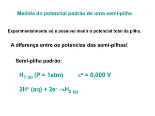 Medida do potencial padrão de uma semi-pilha


Experimentalmente só é possível medir o potencial total da pilha.


 A diferença entre os potencias das semi-pilhas!


   Semi-pilha padrão:

     H2 (g) (P = 1atm)            o = 0,000 V

     2H+ (aq) + 2e- H2 (g)
 