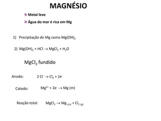 MAGNÉSIO
          Metal leve
          Água do mar é rica em Mg


1) Precipitação de Mg como Mg(OH)2

 2) Mg(OH)2 + HCl  MgCl2 + H2O


         MgCl2 fundido

Anodo:         2 Cl-  Cl2 + 2e-

 Catodo:          Mg2+ + 2e-  Mg (m)


  Reação total:        MgCl2  Mg (m) + Cl2 (g)
 