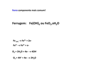 Ferro componente mais comum!




Ferrugem: Fe(OH)3 ou FeO3.xH2O




Fe (m)  Fe2+ + 2e-
Fe2+  Fe3+ + e-

O2 + 2H2O + 4e-  4OH-

O2 + 4H+ + 4e-  2H2O
 