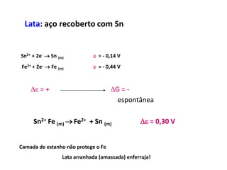 Lata: aço recoberto com Sn


Sn2+ + 2e-  Sn (m)           e = - 0,14 V
Fe2+ + 2e-  Fe (m)           e = - 0,44 V



    e = +                           G = -
                                       espontânea

     Sn2+ Fe (m)  Fe2+ + Sn (m)                 e = 0,30 V


Camada de estanho não protege o Fe
                  Lata arranhada (amassada) enferruja!
 