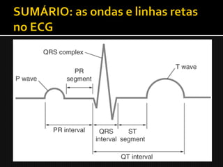 8.    Vários segmentos e intervalos descrevem o
      tempo entre esses eventos:
     a. O intervalo PR mede o tempo do início da
        despolarização atrial ao início da despolarização
        ventricular.
     b. O segmento ST registra o tempo do fim da
        despolarização ventricular ao início da repolarização
        ventricular.
     c. O intervalo QT mede o tempo do início da
        despolarização ventricular ao fim da repolarização
        ventricular.
 