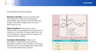 eletrocardiograma
Princípios da Interpretação
Estrutura do ECG: Comece sempre pela
verificação da calibração (amplitude e
velocidade), seguida pela identificação das
ondas, intervalos e segmentos em uma
derivação por vez.
Ritmo Cardíaco: Determine o ritmo
observando a regularidade dos batimentos e
medindo o intervalo R-R para identificar se o
ritmo é regular, irregularmente irregular ou
regularmente irregular.
Avaliação Sistemática: Utilize uma
abordagem sistemática para avaliar a
frequência cardíaca, eixo cardíaco, condução
(PR, QRS, QT), e a morfologia das ondas para
uma análise detalhada e precisa.
 