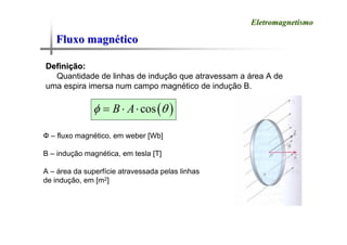 Fluxo magn
Fluxo magné
ético
tico
Eletromagnetismo
Eletromagnetismo
Defini
Definiç
ção:
ão:
Quantidade de linhas de indução que atravessam a área A de
uma espira imersa num campo magnético de indução B.
( )
cos
B A
φ θ
= ⋅ ⋅
Ф – fluxo magnético, em weber [Wb]
B – indução magnética, em tesla [T]
A – área da superfície atravessada pelas linhas
de indução, em [m2]
 