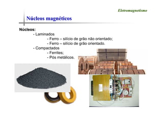 N
Nú
úcleos magn
cleos magné
éticos
ticos
Eletromagnetismo
Eletromagnetismo
N
Nú
úcleos:
cleos:
- Laminados
- Ferro – silício de grão não orientado;
- Ferro – silício de grão orientado.
- Compactados
- Ferrites;
- Pós metálicos.
 