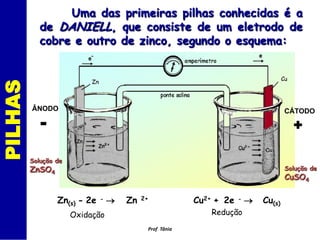 Uma das primeiras pilhas conhecidas é a
            de DANIELL, que consiste de um eletrodo de
            cobre e outro de zinco, segundo o esquema:
PILHAS



         ÂNODO                                                                        CÁTODO

            -                                                                           +

         Solução de
         ZnSO4                                                                        Solução de
                                                                                      CuSO4

                 Zn(s) - 2e   -      Zn   2+             Cu2+ + 2e   -      Cu(s)
                      Oxidação                               Redução
                                            Prof. Tânia
 
