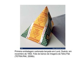 Primeira embalagem cartonada lançada em Lund, Suécia, em
novembro de 1952. Foto do banco de imagens da Tetra Pak
(TETRA PAK, 2006b).
 