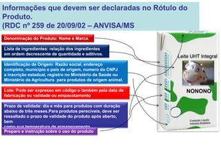 Denominação do Produto: Nome e Marca.
Leite UHT Integral
NONONO
Lista de ingredientes: relação dos ingredientes
em ordem decrescente de quantidade e aditivos.
Identificação de Origem: Razão social, endereço
completo, município e país de origem, numero do CNPJ
e inscrição estadual, registro no Ministério da Saúde ou
Ministério da Agricultura para produtos de origem animal.
Lote: Pode ser expresso em código e também pela data de
fabricação ou validade ou empacotamento
Prazo de validade: dia e mês para produtos com duração
abaixo de três meses.Para produtos perecíveis, deve ser
ressaltado o prazo de validade do produto após aberto,
bem
como sua temperatura de armazenamento
Preparo e instrução sobre o uso do produto
Informações que devem ser declaradas no Rótulo do
Produto.
(RDC nº 259 de 20/09/02 – ANVISA/MS
 