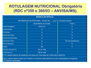 ROTULAGEM NUTRICIONAL Obrigatória
(RDC nº359 e 360/03 – ANVISA/MS).
MODELO DE RÓTULO
INFORMAÇÃO NUTRICIONAL - Porção de...... g ou mL (medida caseira)
Quantidade por porção %VD(*)
Valor Energético kcal e kJ %
Carboidratos g %
Proteínas g %
Gorduras Totais g %
Gorduras Saturadas g %
Gorduras Trans g VD não estabelecido
Fibra Alimentar g %
Sódio mg %
Outros minerais (1) mg ou mcg
Vitaminas (1) mg ou mcg
(*)% Valores Diários de referência com base em uma dieta de 2.000 kcal ou 8400 kJ.
Seus valores diários podem ser maiores ou menores dependendo de suas necessidades energéticas.
(1) Quando declarados.
 