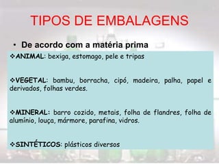 ANIMAL: bexiga, estomago, pele e tripas
VEGETAL: bambu, borracha, cipó, madeira, palha, papel e
derivados, folhas verdes.
MINERAL: barro cozido, metais, folha de flandres, folha de
alumínio, louça, mármore, parafina, vidros.
SINTÉTICOS: plásticos diversos
TIPOS DE EMBALAGENS
• De acordo com a matéria prima
 