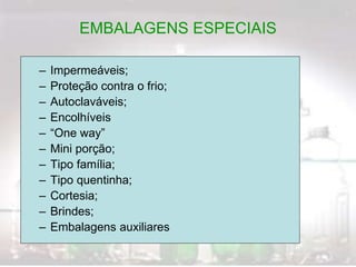 EMBALAGENS ESPECIAIS
– Impermeáveis;
– Proteção contra o frio;
– Autoclaváveis;
– Encolhíveis
– “One way”
– Mini porção;
– Tipo família;
– Tipo quentinha;
– Cortesia;
– Brindes;
– Embalagens auxiliares
 