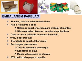 Simples, barata e relativamente leve
Não é resistente à água
e Utiliza-se papel encerado para embalar alimentos
e São colocadas diversas camadas de polietileno
Cada vez mais utilizada no setor alimentício
100% biodegradável
1 tonelada de papel ± 20 árvores!
Reciclagem proporciona:
e 70% de economia de energia
e Economia de água
e Menor volume para os aterros
25% do lixo são papel e papelão
EMBALAGEM PAPELÃO
 