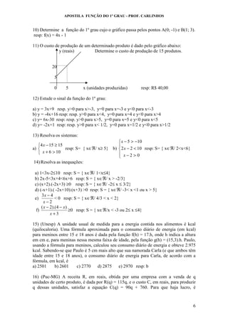 APOSTILA FUNÇÃO DO 1º GRAU - PROF. CARLINHOS
6
10) Determine a função do 1º grau cujo o gráfico passa pelos pontos A(0; -1) e B(1; 3).
resp: f(x) = 4x - 1
11) O custo de produção de um determinado produto é dado pelo gráfico abaixo:
y (reais) Determine o custo de produção de 15 produtos.
20
5
0 5 x (unidades produzidas) resp: R$ 40,00
12) Estude o sinal da função do 1º grau:
a) y = 3x+9 resp. y>0 para x>-3, y=0 para x=-3 e y<0 para x<-3
b) y = -4x+16 resp: resp. y>0 para x<4, y=0 para x=4 e y<0 para x>4
c) y= 6x-30 resp: resp. y>0 para x>5, y=0 para x=5 e y<0 para x<5
d) y= -2x+1 resp: resp. y>0 para x< 1/2, y=0 para x=1/2 e y<0 para x>1/2
13) Resolva os sistemas:
a)



>+
≥−
106
15154
x
x
resp: S= { x∈ℜ/ x≥ 5} b)





>−
<−
−>−
02
1022
105
x
x
x
resp: S= { x∈ℜ/ 2<x<6}
14) Resolva as inequações:
a) 1<3x-2≤10 resp: S = { x∈ℜ/ 1<x≤4}
b) 2x-5<3x+4<6x+6 resp: S = { x∈ℜ/ x > -2/3}
c) (x+2).(-2x+3) ≥0 resp: S = { x∈ℜ/ -2≤ x ≤ 3/2}
d) (-x+1).( -2x+10).(x+3) >0 resp: S = { x∈ℜ/ -3< x <1 ou x > 5}
e)
2
43
−
−
x
x
< 0 resp: S = { x∈ℜ/ 4/3 < x < 2}
f)
3
)4).(2(
+
−−
x
xx
≥0 resp: S = { x∈ℜ/x < -3 ou 2≤ x ≤4}
15) (Unesp) A unidade usual de medida para a energia contida nos alimentos é kcal
(quilocaloria). Uma fórmula aproximada para o consumo diário de energia (em kcal)
para meninos entre 15 e 18 anos é dada pela função f(h) = 17.h, onde h indica a altura
em cm e, para meninas nessa mesma faixa de idade, pela função g(h) = (15,3).h. Paulo,
usando a fórmula para meninos, calculou seu consumo diário de energia e obteve 2.975
kcal. Sabendo-se que Paulo é 5 cm mais alto que sua namorada Carla (e que ambos têm
idade entre 15 e 18 anos), o consumo diário de energia para Carla, de acordo com a
fórmula, em kcal, é
a) 2501 b) 2601 c) 2770 d) 2875 e) 2970 resp: b
16) (Puc-MG) A receita R, em reais, obtida por uma empresa com a venda de q
unidades de certo produto, é dada por R(q) = 115q, e o custo C, em reais, para produzir
q dessas unidades, satisfaz a equação C(q) = 90q + 760. Para que haja lucro, é
 