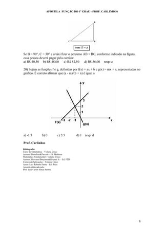 APOSTILA FUNÇÃO DO 1º GRAU - PROF. CARLINHOS
8
Se B = 90°, C = 30° e o táxi fizer o percurso AB + BC, conforme indicado na figura,
essa pessoa deverá pagar pela corrida:
a) R$ 40,50 b) R$ 48,00 c) R$ 52,50 d) R$ 56,00 resp: c
20) Sejam as funções f e g, definidas por f(x) = ax + b e g(x) = mx + n, representadas no
gráfico. É correto afirmar que (a - m)/(b + n) é igual a
a) -1/3 b) 0 c) 2/3 d) 1 resp: d
Prof. Carlinhos
Bibliografia:
Curso de Matemática – Volume Único
Autores: Bianchini&Paccola – Ed. Moderna
Matemática Fundamental - Volume Único
Autores: Giovanni/Bonjorno&Givanni Jr. – Ed. FTD
Contexto&Aplicações – Volume Único
Autor: Luiz Roberto Dante – Ed. Ática
Apostila elaborada pelo :
Prof. Luiz Carlos Souza Santos
 