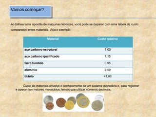 Vamos começar?
Ao folhear uma apostila de máquinas térmicas, você pode se deparar com uma tabela de custo
comparativo entre materiais. Veja o exemplo:
Material Custo relativo
aço carbono estrutural 1,00
aço carbono qualificado 1,15
ferro fundido 0,95
alumínio 2,50
titânio 41,00
Custo de materiais envolve o conhecimento de um sistema monetário e, para registrar
e operar com valores monetários, temos que utilizar números decimais.
 