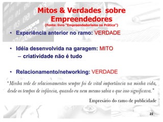 22
• Experiência anterior no ramo: VERDADE
• Idéia desenvolvida na garagem: MITO
– criatividade não é tudo
• Relacionamento/networking: VERDADE
Mitos & Verdades sobre
Empreendedores
(Fonte: livro “Empreendedorismo na Prática”)
 