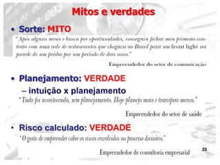 23
• Sorte: MITO
• Planejamento: VERDADE
– intuição x planejamento
• Risco calculado: VERDADE
Mitos e verdades
 