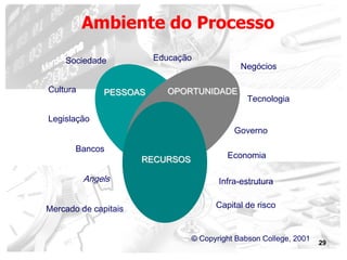 29
PESSOAS OPORTUNIDADE
RECURSOS
Sociedade
Governo
Cultura
Economia
Legislação
Negócios
Tecnologia
Educação
Bancos
Angels
Capital de risco
Infra-estrutura
© Copyright Babson College, 2001
Mercado de capitais
Ambiente do Processo
 