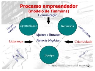 30
Recursos
Equipe
Oportunidade
CriatividadeLiderança
Comunicação
“Ajustes e Buracos”
Plano de Negócios
© Jeffry Timmons and Steven Spinelli, Babson College
Processo empreendedor
(modelo de Timmons)
 