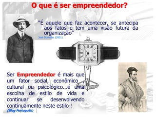 5
“É aquele que faz acontecer, se antecipa
aos fatos e tem uma visão futura da
organização”
José Dornelas (2001)
Ser Empreendedor é mais que
um fator social, econômico ,
cultural ou psicológico...é uma
escolha de estilo de vida e
continuar se desenvolvendo
continuamente neste estilo !
(Blog Português)
O que é ser empreendedor?
 