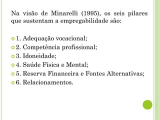 Na visão de Minarelli (1995), os seis pilares
que sustentam a empregabilidade são:
 1. Adequação vocacional;
 2. Competência profissional;
 3. Idoneidade;
 4. Saúde Física e Mental;
 5. Reserva Financeira e Fontes Alternativas;
 6. Relacionamentos.
 
