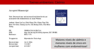 Toxinas ambientais: Cádmio
Maiores níveis de cádmio e
menores níveis de zinco em
mulheres com endometriose!
 