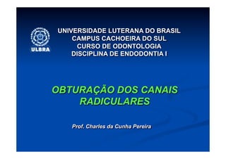 UNIVERSIDADE LUTERANA DO BRASIL
    CAMPUS CACHOEIRA DO SUL
     CURSO DE ODONTOLOGIA
    DISCIPLINA DE ENDODONTIA I




OBTURAÇÃO DOS CANAIS
    RADICULARES

   Prof. Charles da Cunha Pereira
 