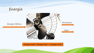 Energia
Movimento
Calor
Energia Elétrica
Energia Inicial = Energia Final 1 + Energia Final 2
 
