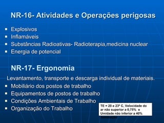 NR-16- Atividades e Operações perigosas Explosivos Inflamáveis  Substâncias Radioativas- Radioterapia,medicina nuclear Energia de potencial  NR-17- Ergonomia Levantamento, transporte e descarga individual de materiais.  Mobiliário dos postos de trabalho Equipamentos de postos de trabalho Condições Ambientais de Trabalho  Organização do Trabalho TE = 20 e 23º C, Velocidade do ar não superior a 0,75%  e Umidade não inferior a 40% iluminação 